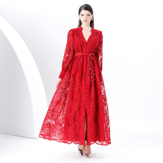 style elegant V-neck single-breasted heavy industry crochet embroidery lantern sleeve lace-up waist pendulum long dress