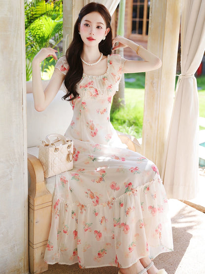 Coffee break  romantic floral dress female summer unique beautiful waist pinched beautiful long dress fairy vacation chiffon dress