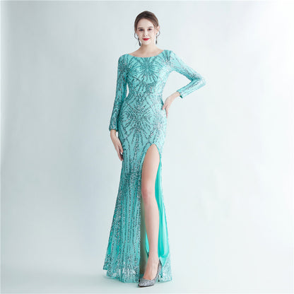 19966 #Hot trade 2025 new sequined long-sleeved split high-end evening dress