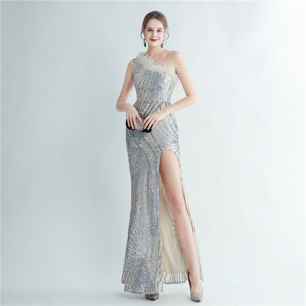 31215 #Popular trade 2025 high-density ostrich hair sequin positioning flower slanted shoulder collar high-end evening dress