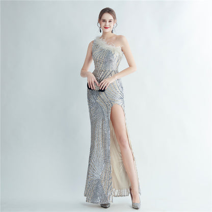 31215 #Popular trade 2025 high-density ostrich hair sequin positioning flower slanted shoulder collar high-end evening dress