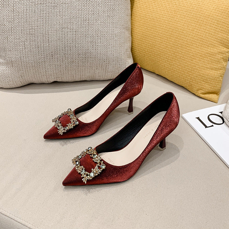 2025 775-9 Rhinestone Square Buckle Xiuhe Shoes Bridesmaid Bride Red Wedding Shoes Women's Pointed Thin Heel Banquet High Heels 7CM