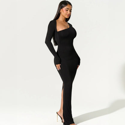 LOVEVOP  style women's clothing  summer new sexy Spice Girls slim and thin long-sleeved diagonal neck rear split dress