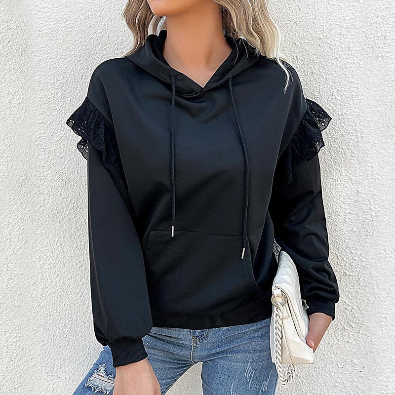 LOVEVOP popular new autumn and winter long-sleeved pocket hoodie Popular trade women's clothing  New splicing lace hooded sweater