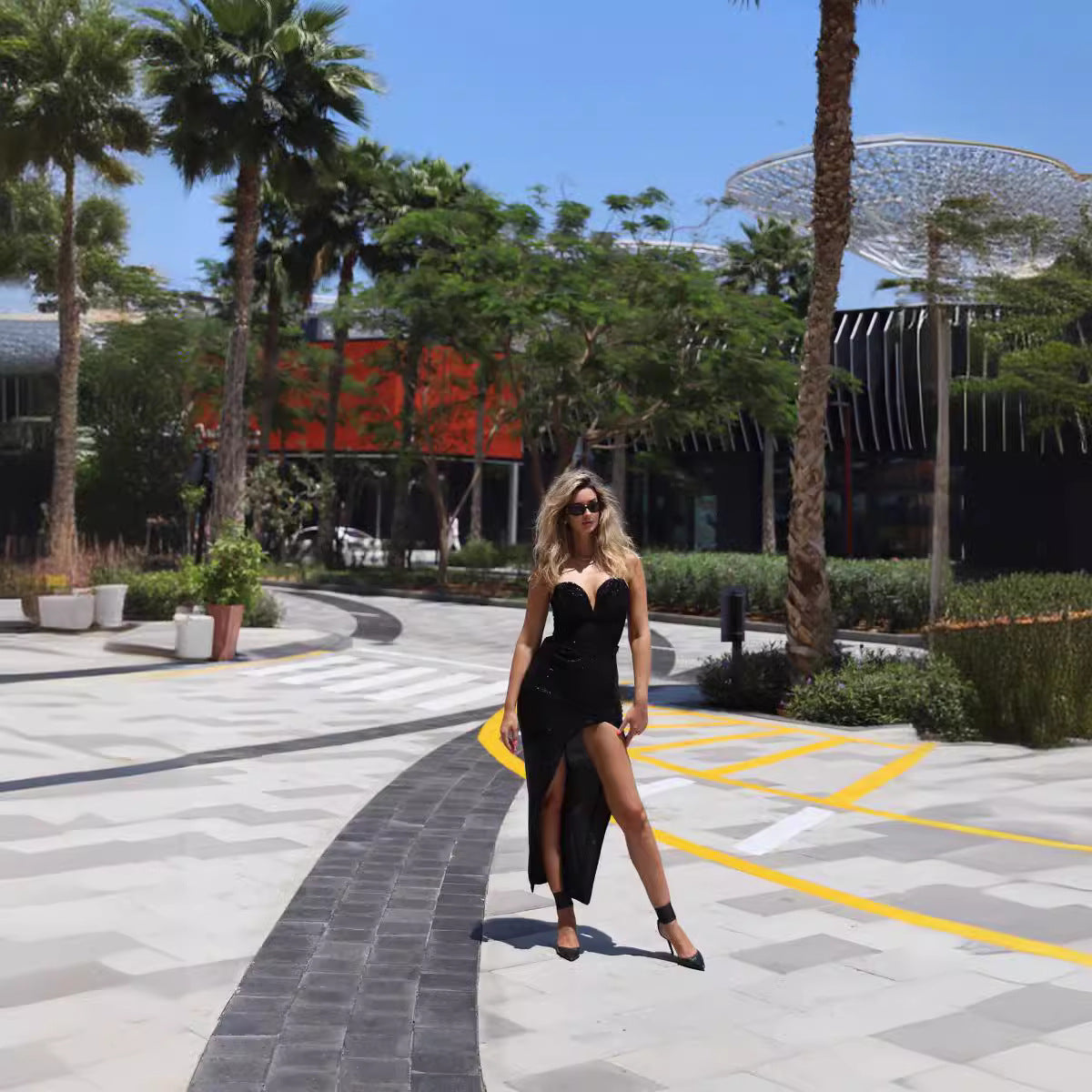 LOVEVOP black tube top beads split long dress  women's dress New high-end dress fashion set