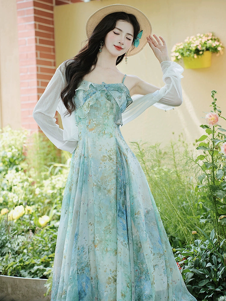 floral suspender long dress women's clothing 2025 summer new waist and thin holiday style oil painting coffee break dress