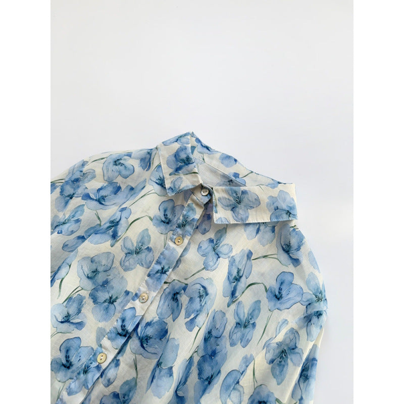 Gentle wind light blue floral shirt  summer thin linen  literary fresh printed top