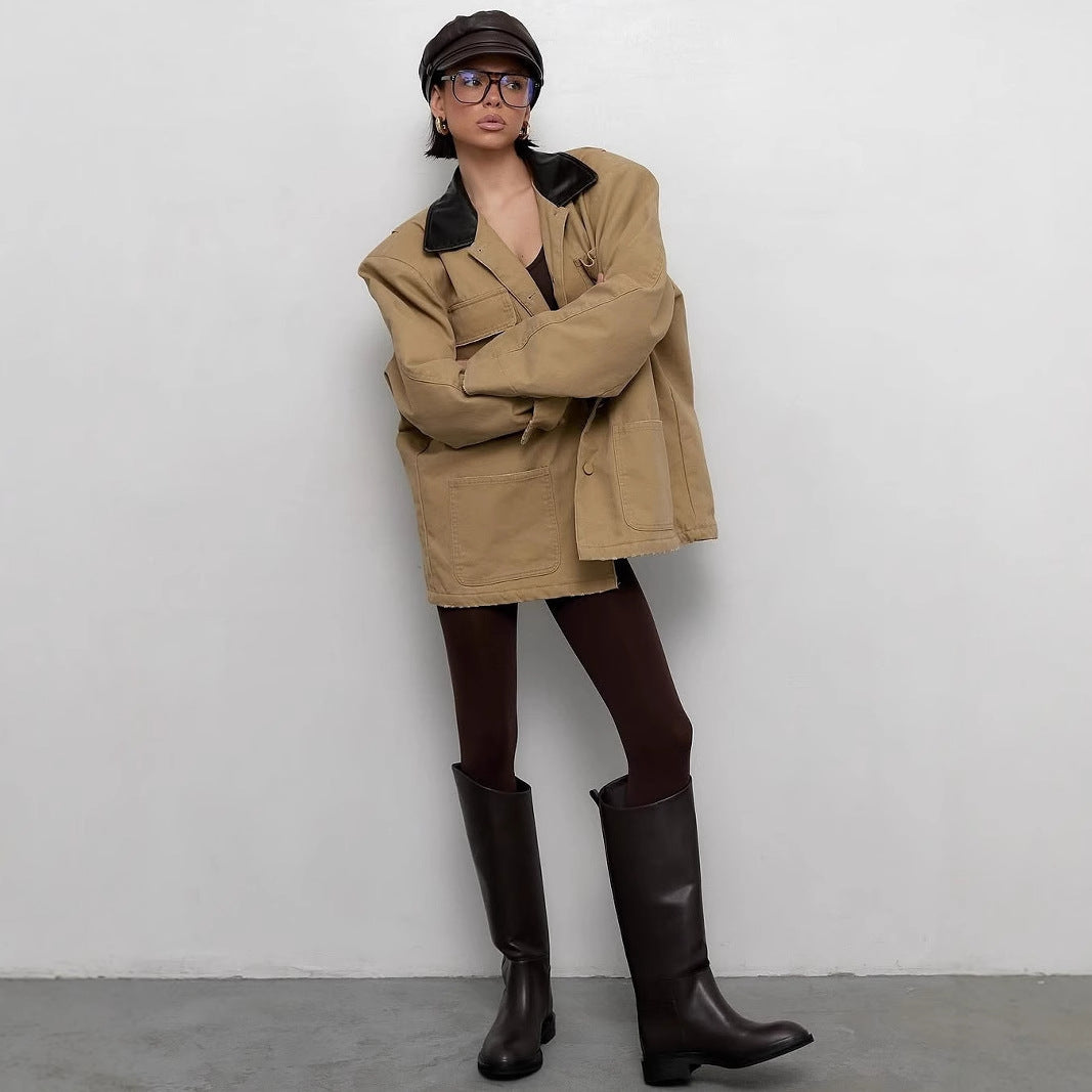 Spring new n retro tooling PU leather lapel silhouette jacket women's loose casual long-sleeved cardigan jacket women