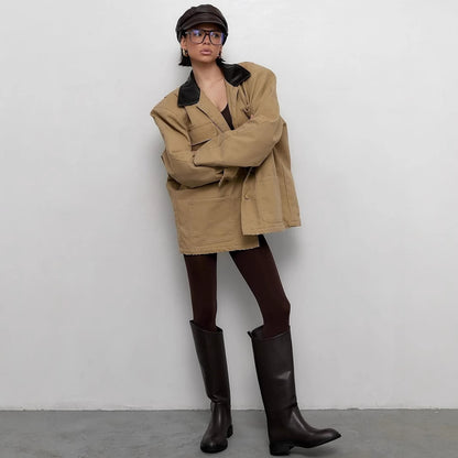 Spring new n retro tooling PU leather lapel silhouette jacket women's loose casual long-sleeved cardigan jacket women