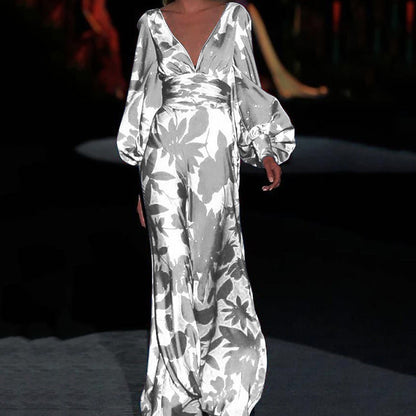 2025 new New  2025 women's dress slim lantern sleeve fashion printed V-neck dress