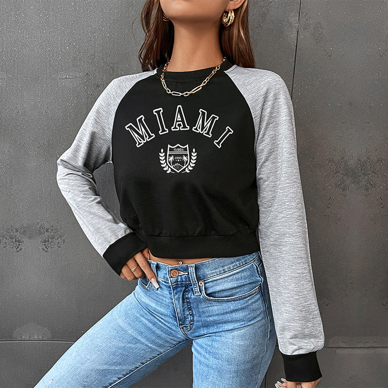 LOVEVOP popular new spring leisure sports college style 2025 color matching short navel round neck letter pullover sweater women