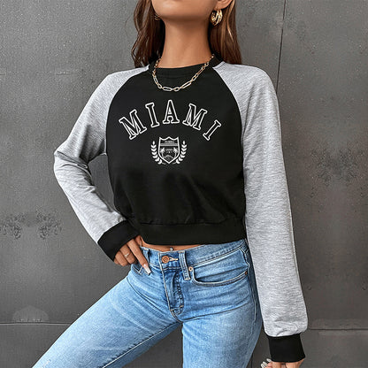 LOVEVOP popular new spring leisure sports college style 2025 color matching short navel round neck letter pullover sweater women