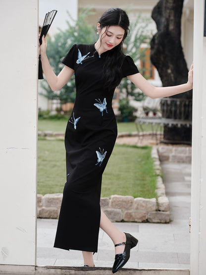New Chinese style cold butterfly embroidered cheongsam black pinched waist dress children's summer hollow temperament hip-wrapped dress