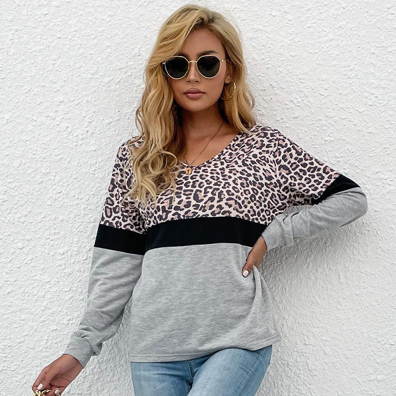 LOVEVOP popular autumn new 2025 contrasting colors leopard print v-neck pullover casual top bottoming long-sleeved t-shirt wholesale