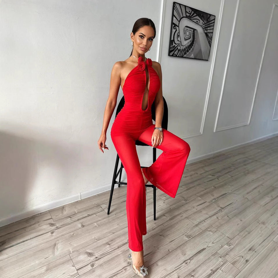 LOVEVOP popular autumn new   tube top mesh jumpsuit trousers slim dress women's wholesale red