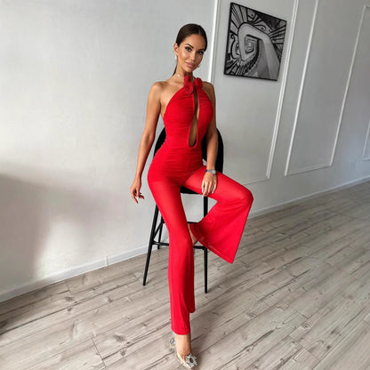 LOVEVOP popular autumn new   tube top mesh jumpsuit trousers slim dress women's wholesale red