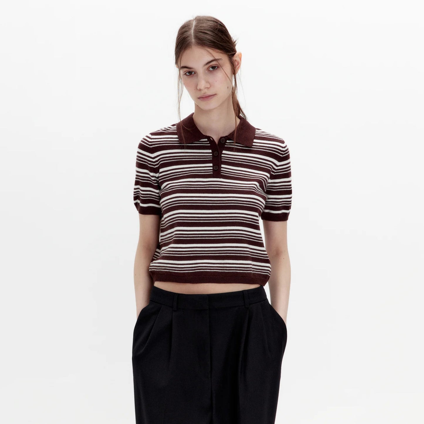 knitted POLO neck T-shirt women's  summer thin lapel collar Popular style design sense niche T-shirt top women's new