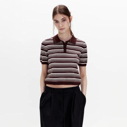 knitted POLO neck T-shirt women's  summer thin lapel collar Popular style design sense niche T-shirt top women's new
