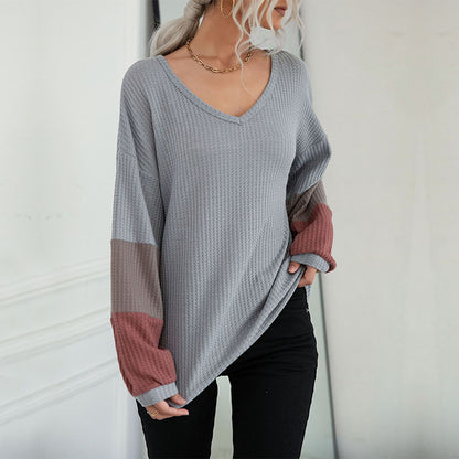 LOVEVOP New  Hot Trade popular New 2025 Autumn Color Matching Long Sleeve Gray V-Neck Knitted Sweater