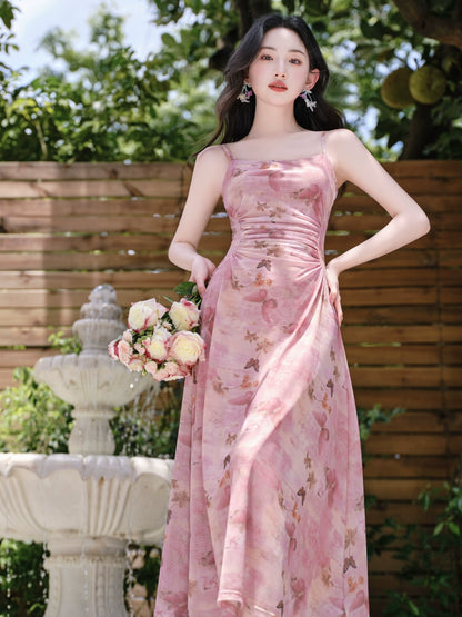 Summer wear beautiful small skirt pink floral suspender dress women's seaside vacation sunscreen cardigan two-piece set