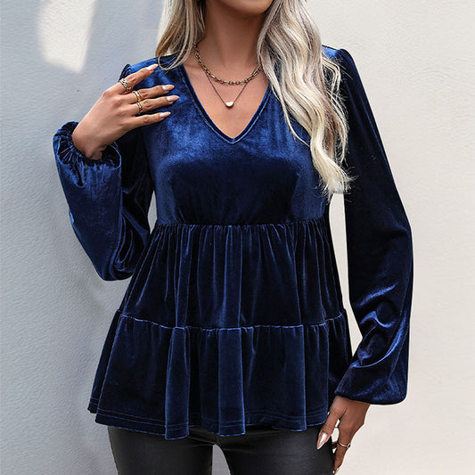 LOVEVOP 2025 foreign trade women's clothing autumn temperament elegant pullover top ruffle edge V-neck fashion velvet shirt