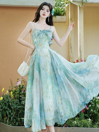 floral suspender long dress women's clothing 2025 summer new waist and thin holiday style oil painting coffee break dress