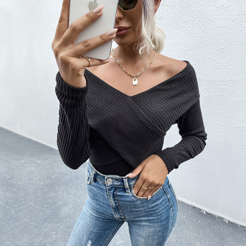 LOVEVOP New 2022 Autumn New 2025 Cross Wrap Slim Bottom Solid Color V-Neck Knitted Sweater T-Shirt