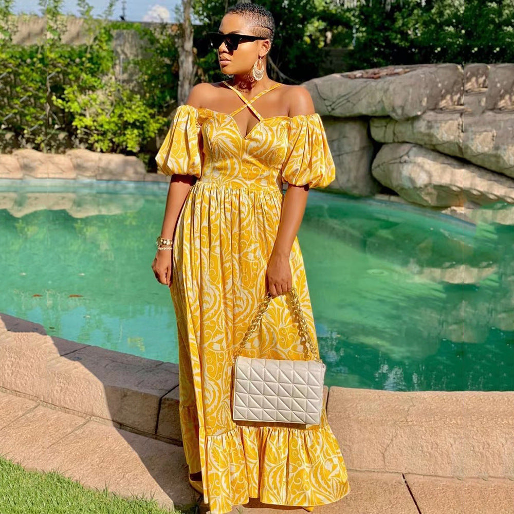 2025 New new spring and summer  2025 women's clothing dress printed open-ended tube top hanging neck V-neck long dress