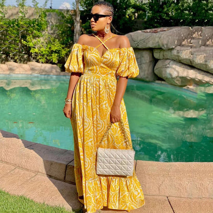 2025 New new spring and summer  2025 women's clothing dress printed open-ended tube top hanging neck V-neck long dress