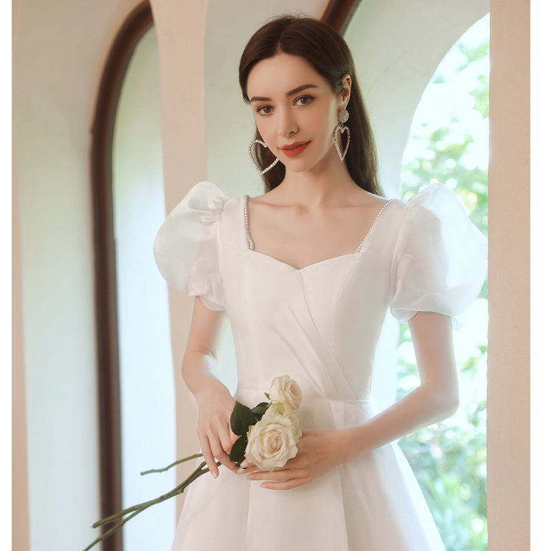 White bubble sleeve bridal light wedding dress princess temperament performance catwalk art test chorus host long evening dress