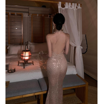 2025 Champagne Sparkling Swing Neck Veil Dress Heavy Industry Dinner Neck Dress Engagement Dress Women