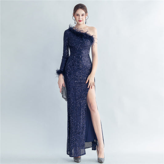31208 #Hot trade craft ostrich hair decoration slanted shoulder Roman collar side split high-end evening dress