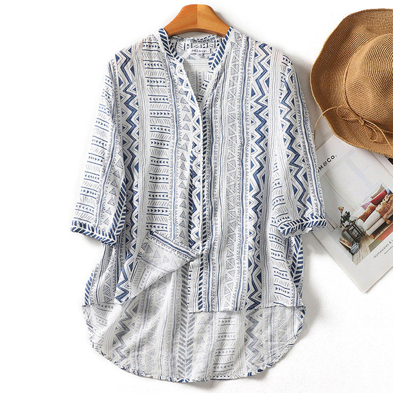 Summer new ethnic style printing seven-quarter-sleeved cotton and linen shirt V-neck slightly transparent temperament simple and ultra-thin women's shirt