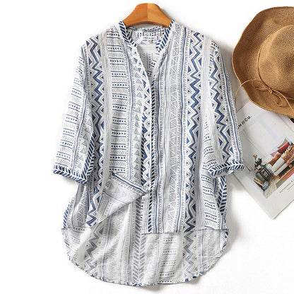 Summer new ethnic style printing seven-quarter-sleeved cotton and linen shirt V-neck slightly transparent temperament simple and ultra-thin women's shirt