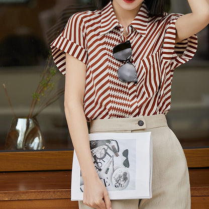 2025 Muse high-end silk shirt, women's striped shirt  women's clothing summer new short-sleeved top