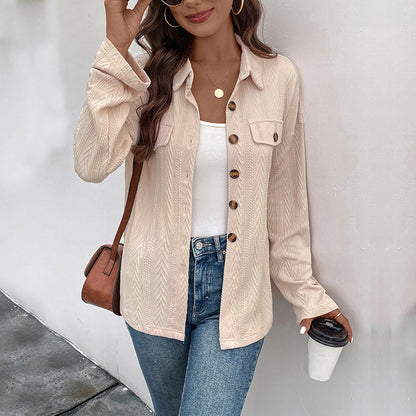 LOVEVOP 2025 cross-border Hot early autumn thin solid color shirt knitted texture shirt jacket button-down lapel women's shirt