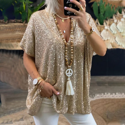 2025 new 2025  short-sleeved urban casual color loose pullover sequined V-neck T-shirt top women's clothing