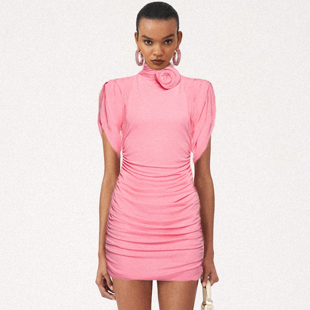 LOVEVOP 2023 summer new pink three-dimensional disc flower turtleneck pleated  women's casual dress age-reducing hip skirt