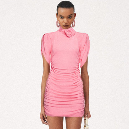 LOVEVOP 2023 summer new pink three-dimensional disc flower turtleneck pleated  women's casual dress age-reducing hip skirt