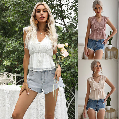 LOVEVOP New summer jacquard top 2025 lotus leaf edge splicing waist flying sleeves short chiffon shirt women