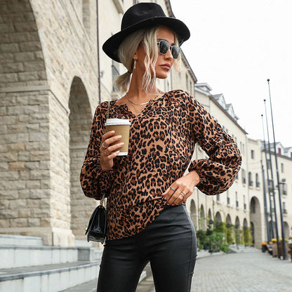 LOVEVOP New Cross-border Hot Trade 2023 Spring and Autumn New 2025 Women's Clothing Pullover Leopard Chiffon Bottom Shirt