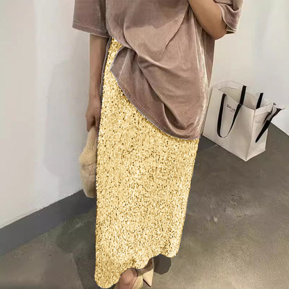 2025 2025 new fashionable high-waisted and thin sequined skirt women's elastic waist back split elastic straight skirt