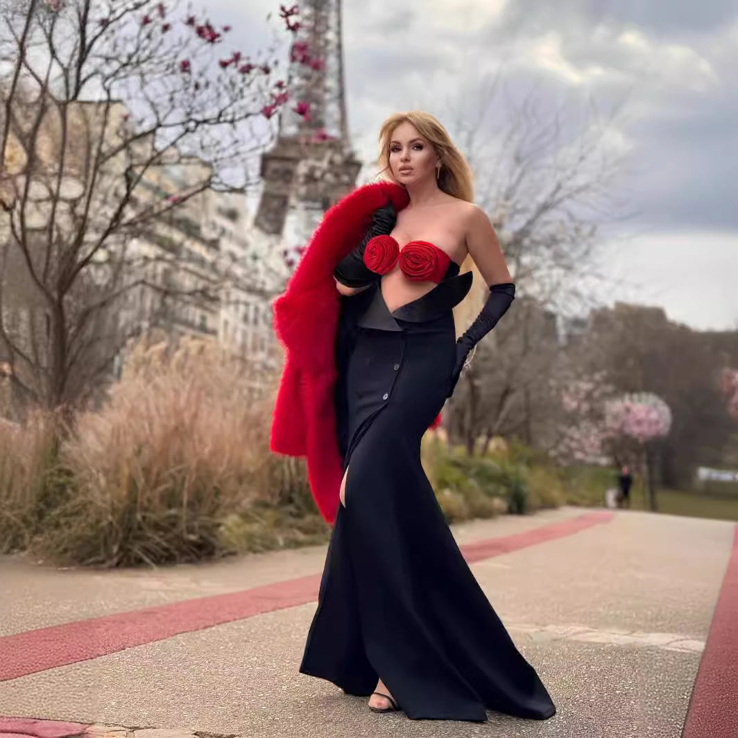 LOVEVOP 2023 black flower dress gloves long dress fishtail dress banquet new evening dress high-end Popular trade dress