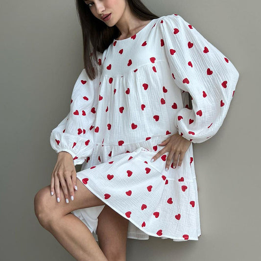 2025 fashion versatile crew neck dress women's  autumn bubble sleeve sleeve A-shaped skirt loose casual printing