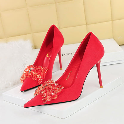2025 825-H27 Korean version banquet high heels women's shoes thin heel suede shallow mouth pointed gem rhinestone bow single shoes
