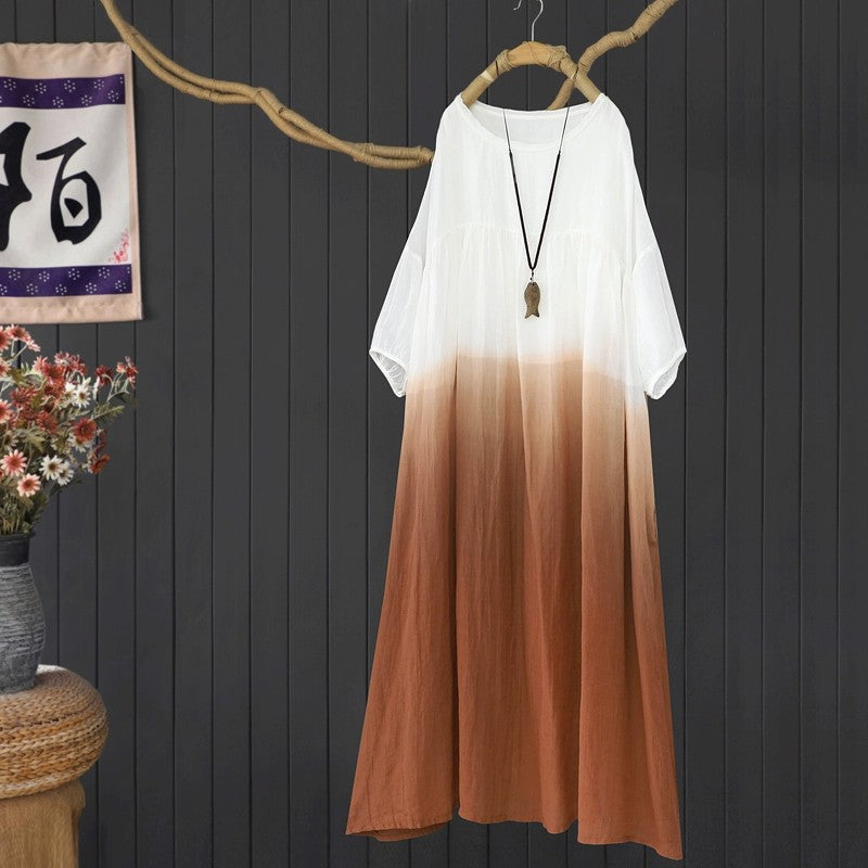 Five-quarter sleeve ramie dress  summer new gradual change design large size cotton and linen loose dress