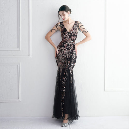 19606 #New bead mesh yarn craftsmanship beading temperament elegant annual meeting long fishtail sequined sexy dress