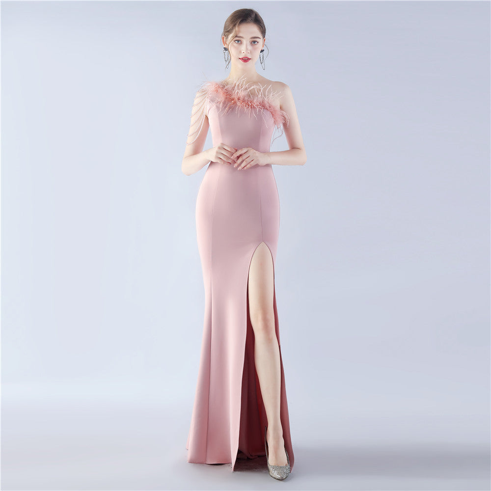 31367 #Hot trade new popular craft beaded ostrich hair satin long evening dress