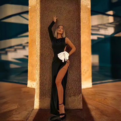 LOVEVOP black one-shoulder long-sleeved bow halter dress long dress  women's clothing split-ended dress autumn and winter