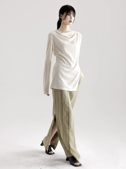 APOZi collection time series new Chinese swing neck long-sleeved t-shirt women's loose and thin knitted top